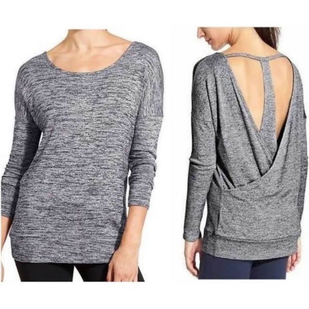 Athleta Soft Pose Layered Yoga Open Back Sweater Top Gray
